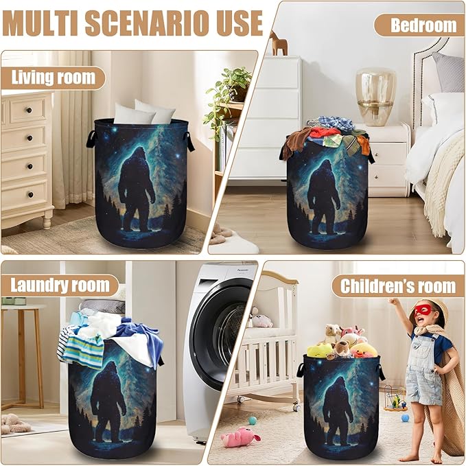 Bigfoot Mountains Laundry Basket, Foldable Waterproof Laundry Hamper Tote Bag Dirty Clothes Storage Bucket Toy Organizer for Bathroom/Laundry/Bedroom 15.7"x19.6"