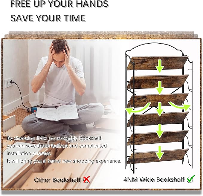4NM No Assembly Extra Wide Folding Bookshelf for Living Room, 6 Tiers Collapsible Book Shelves Open Industrial Foldable Bookcase Storage Shelf for Home Office - Rustic Brown Black