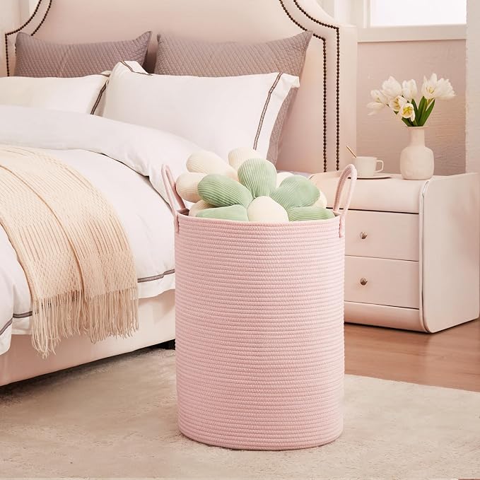 Large Pink Laundry Basket 15x20 Inches, 60L Woven Rope Hamper for Baby Girls and Kids, Tall Nursery Storage Bin, Kawaii Bedroom Laundry Hamper
