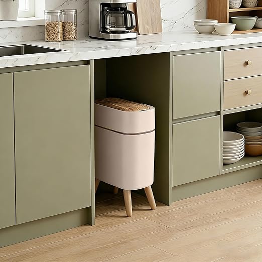 suyika Automatic Trash Can, 2.6 Gallon/10L Bathroom Trash Can with Lid - Wood Grain Lid and Legs, Touchless Waterproof Garbage Bin for Bedroom, Bathroom, Office, Living Room
