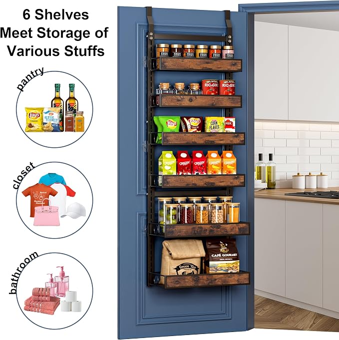 8 Tier Over The Door Pantry Orangizer 2 IN 1 Wall Mounted or Hanging Spice Rack with Adjustable Wood Basket,Heavy Duty Seasoning Storage Shelf for Kitchen Pantry and Bathroom