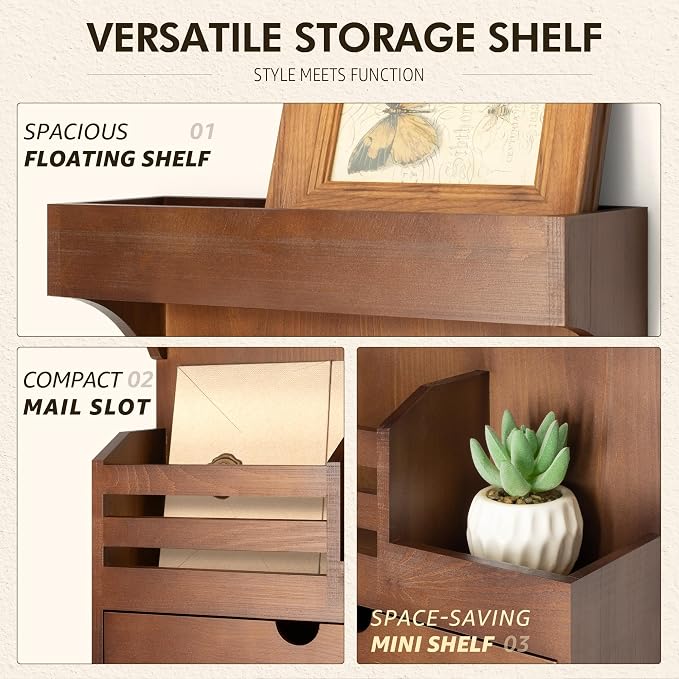 Rebee Vision Farmhouse Key Holder Wall Mount with Drawer Organizer – Pine Wooden Mail and Key Organizer for Wall with 6 Sturdy Hooks & Floating Shelf – Perfect for Retro Living Room Decor (Brown)