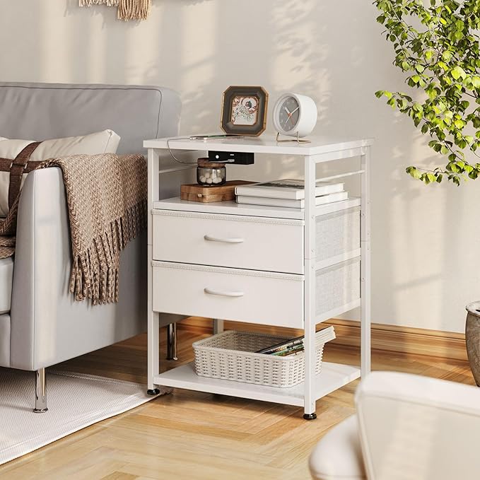 AODK Night Stand with Charging Station, End Table for Bedroom Tall Nightstand with Drawers, Small Nightstand for Bedroom, 4 Tier Storage Bedside Table, White