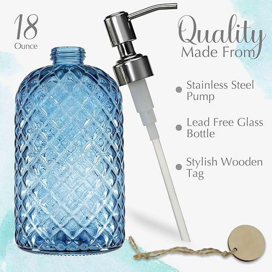 JASAI 18Oz Gem Patterned Glass Soap Dispenser for Kitchen and Bathroom, Refillable with Rust Proof Stainless Steel Pump (Blue)