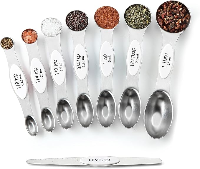 Spring Chef White Stainless Steel Magnetic Measuring Spoons Set of 8 with Leveler, Dual Sided Metal Teaspoon & Tablespoon Measuring Spoons, Fits in Spice Jars, Kitchen Gadgets for Baking & Cooking