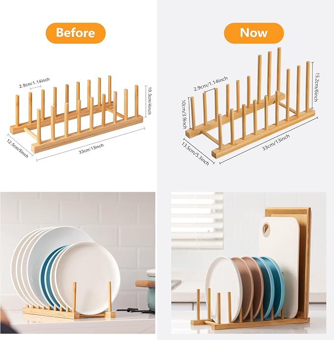 HBlife Heighten and Widen Bamboo Dish Drying Rack Plate Bowl Cup Book Pot Lid Cutting Board Stand Drainer Storage Holder Organizer for Kitchen Cabinet