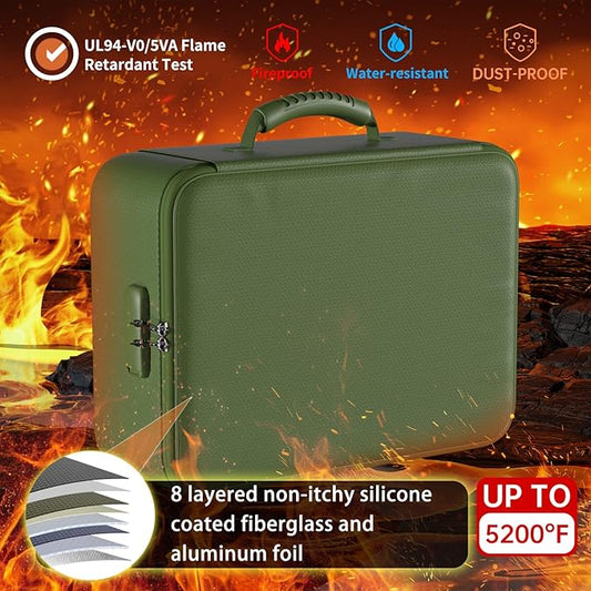 DocSafe 5200°F Document Organizer with Lock,Upgraded Heat Insulated Fireproof&Waterproof Box 8 Layers File Organizer,Portable Home Travel Safe Storage for Important Documents, Files,Green (Soft)