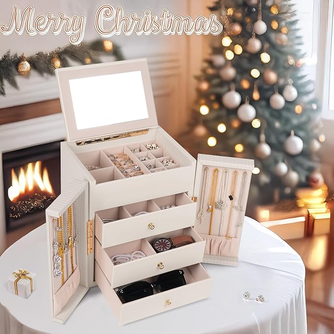 Dajasan Large Jewelry Box for Women, Jewelry Organizer Box with 3 Drawers, Jewelry Storage Organizer with Mirror for Necklace Ring Bracelet Watch, Gift Idea (Beige)