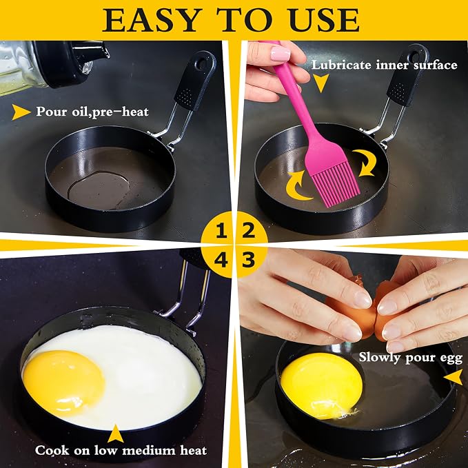 2-Pack 3.5'' Egg Rings Set with Silicone Handle, Stainless Steel Egg Cooking Rings,Nonstick,For Frying Eggs and English Muffins Pancake, Egg Mold Shaper For Breakfast