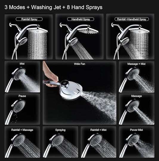 BOZYBO Rain Shower Head with Handheld: High Pressure Shower Heads with Handheld Spray Combo, 12" Rainfall Shower Head and 9 Sprays Hand Showerheads with Magnetic Docking and Power Jets, Chrome 1.8GPM
