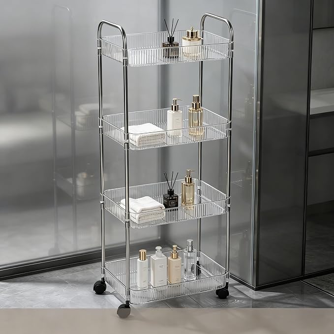 Sooyee Clear 4-Tier Plastic Rolling Utility Cart with Wheels, Multi-Functional Storage Trolley for Office, Living Room, Kitchen, Movable Storage Organizer with Wheels