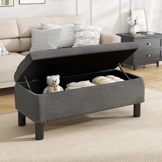 Furniliving Storage Bench, Upholstered Linen Ottoman Bench with Button-Tufted, Folding Bedroom Bench with Wood Legs, Entryway Bench for Bedroom, Grey