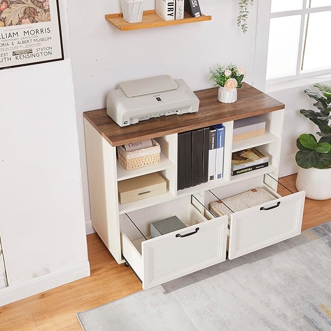40" Farmhouse File Cabinet,Lateral File Cabinet with Wheels,Wood File Cabinet with shelve,Filing Cabinet with 2 Drawers for Legal/Letter/ A4 Size (White)