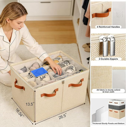 TOPIA HOME Shoe Organizer for Closet, Foldable Shoe Box with Adjustable Dividers and Clear Cover, Space Saving Shoe Storage Organizer Cabinet with Reinforced Handles, Fits 16 Pairs TP09J