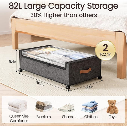 Yecaye 82 L Under Bed Storage with Wheels, 9.4 in Under Bed Storage Containers, Large Under Bed Shoe Storage with Lids, Rolling Underbed Storage bins for Clothes, Blankets, Grey