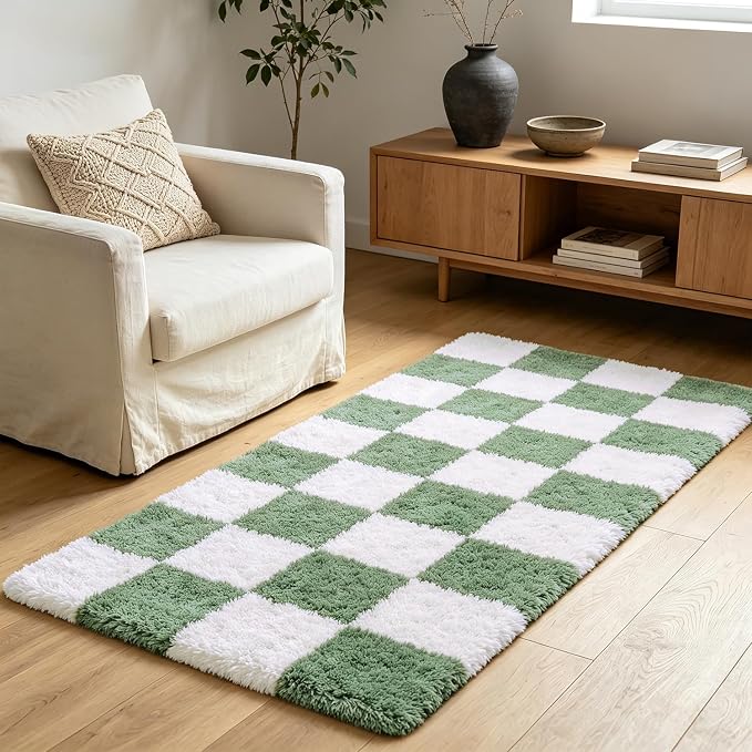 Shag Runner Rug for Bedroom Living Room 3x7 Upgrade Non-Slip Fluffy Soft Bedside Rugs,Green and White Shaggy Carpet for Livingroom Dorm Home Decor Aesthetic