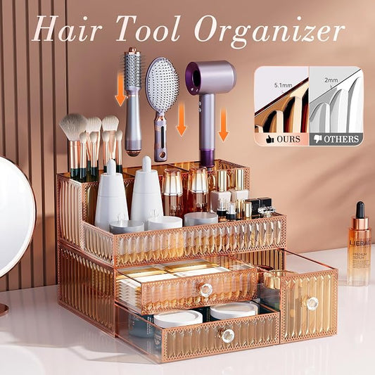 Youdepot Makeup Organizer Golden- Tempered Glass Vanity Organizer for Cosmetics, Skincare, Hair Tools, Brushes, Perfume - Multipurpose Bathroom Counter Skincare Organizer