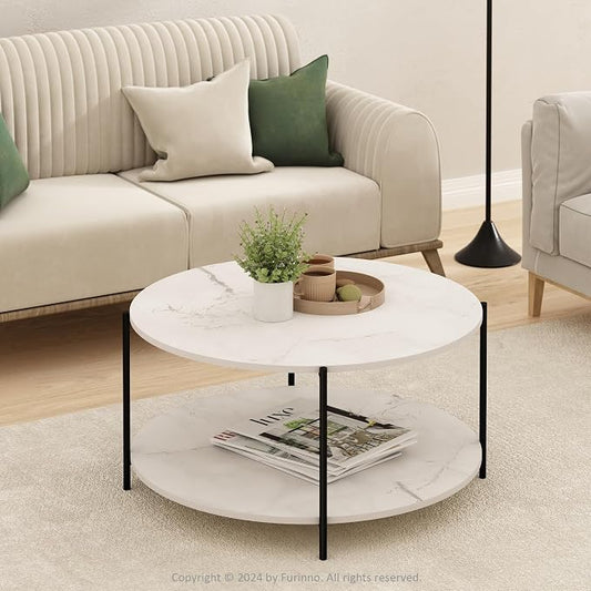 Furinno BESI Coffee Table, 2-Tier Round Modern Coffee Table with Metal Legs, Side Table with Open Shelf, for Living Room, Bedroom, Home Office, Marble White