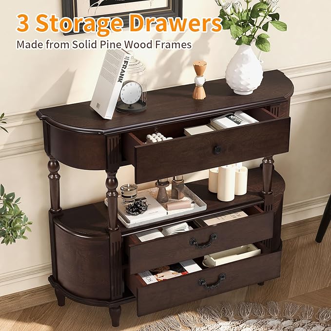 43" Retro Curved Console Table with Drawers, Solid Wood Half Moon Console Table Entry Sofa Table with Storage with Solid Pine Roman Legs Open Shelf for Small Spaces Living Room,Espresso