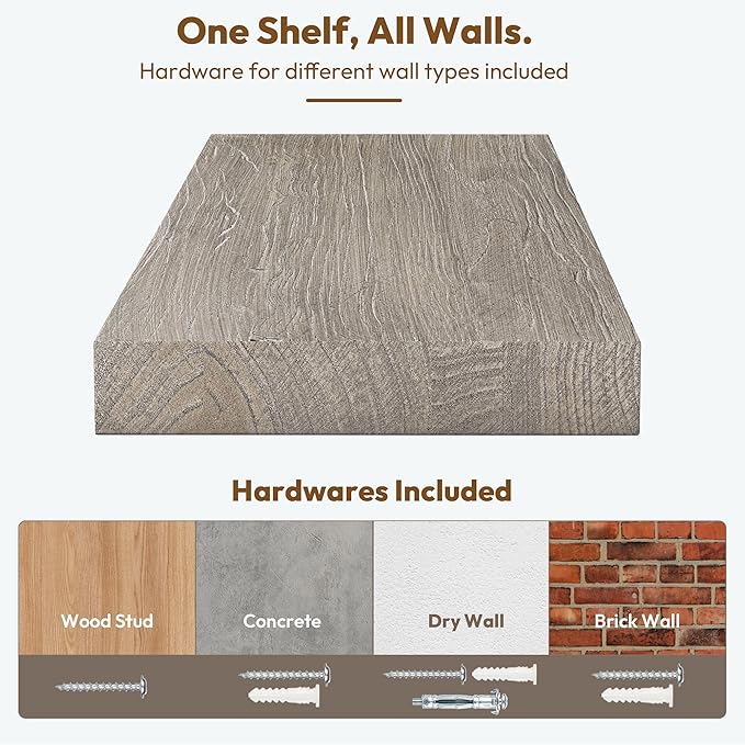 Vivelove Elm Wood Floating Shelves, Wooden Shelves for Wall with Invisible Bracket for Living Room Bedroom Bathroom Office Book, Rustic Farmhouse Decor Storage & Display, 55 Inch Set of 1- Grey