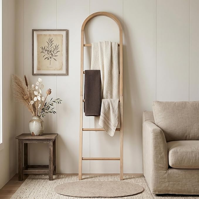 Wooden Blanket Ladder - Natural & Motley Wood - Leaning Wall Decor for Bedroom, Bathroom, Living Room - Rustic Quilt Holder & Towel Rack (Brown-Curved, 76in(5-Tier))