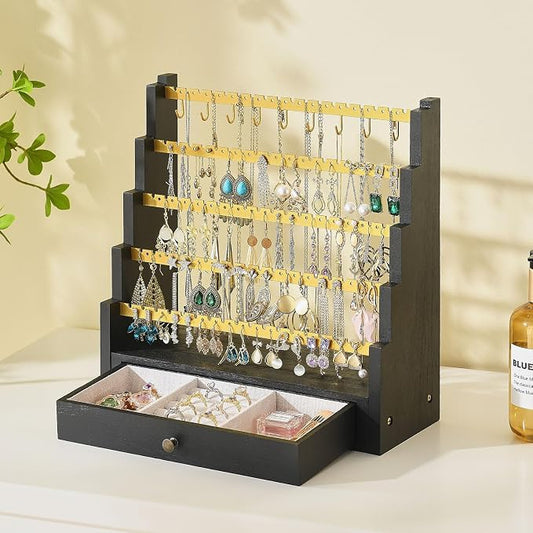 Pinzoveco Earring Organizer, 5 Layer Earring Holder Organizer with Metal Necklace Holder Pole, Rustic Wood Jewelry Organizer Stand Display for Stud Earring Bracelet Necklace Ring, 175 Earring Holes