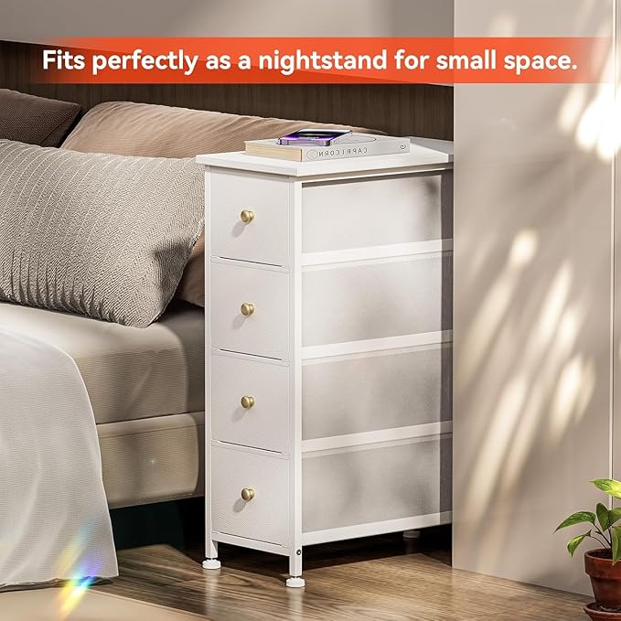 Narrow Dresser Storage Tower with 4 Drawers, Vertical Slim Dresser Chest of Drawers Skinny Storage Tower for Small Spaces Gaps Closet Bedroom Bathroom Small Fabric Drawer Unit (White)