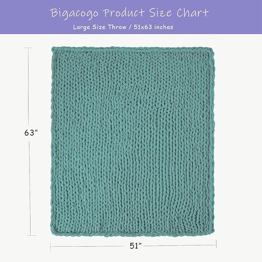 Bigacogo Chunky Knit Throw Blanket for Couch, 51x63 inches, 100% Hand Knitted with Thick Jumbo Chenille Yarn, Cozy Soft Large Rope Knot Cable Crochet Blankets for Sofa Bed Living Room, Light Teal