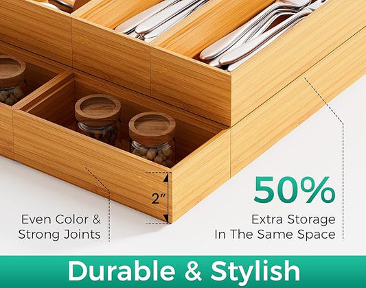 Bamboo Kitchen Drawer Organizer Set of 2, Stackable 15" x 6" Wood Silverware Utensil Tray for Drawers Bins, Cutlery & Flatware Storage – Wooden Boxes Organizers for Junk Drawer, Bathroom, RV