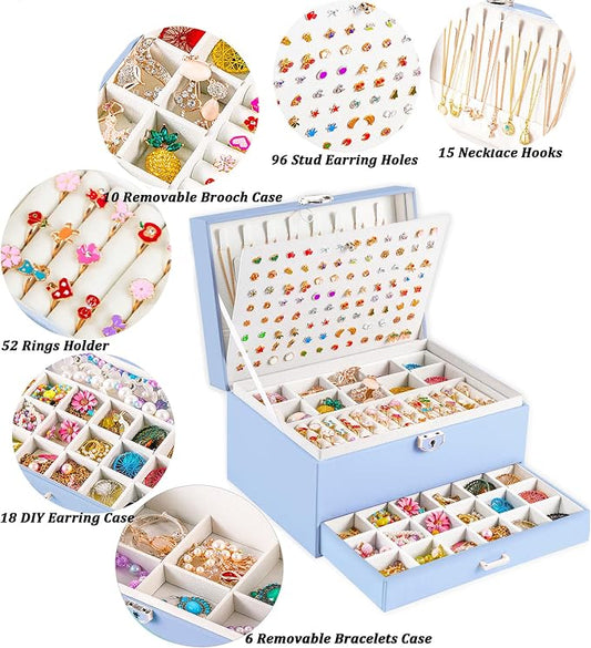 QBestry Earrings Jewelry Box for Girls, 5 Layers Jewelry Organizer with Earring Holder Organizer for Girls Earring Organizer Jewelry Boxes for Women Earrings and Necklaces Jewelry Box Organizer Blue