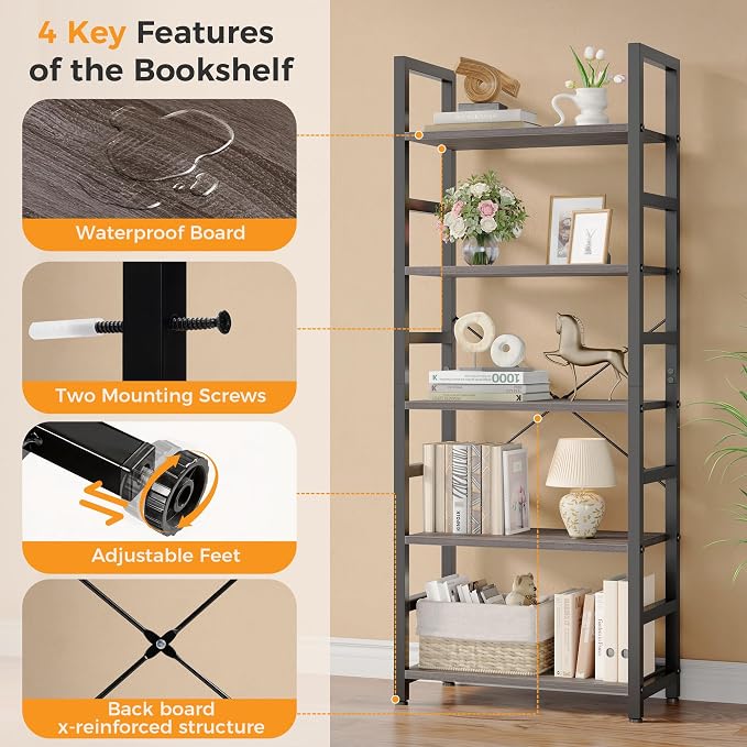 DUMOS 5-Tier Bookshelf, Modern Tall Bookcase, Open Storage Display Shelf for Living Room, Bedroom, Home Office, Narrow Standing Shelving Unit for Books, CDs, Décor,Wood Grey