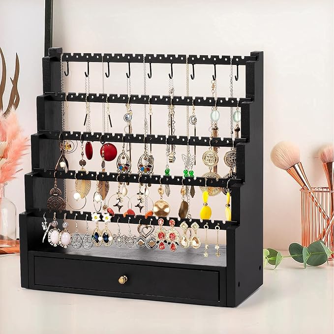 Pinzoveco Earring Organizer, 5 Layer Earring Holder Organizer with Metal Necklace Holder Pole, Rustic Wood Jewelry Organizer Stand Display for Stud Earring Bracelet Necklace Ring, 175 Earring Holes