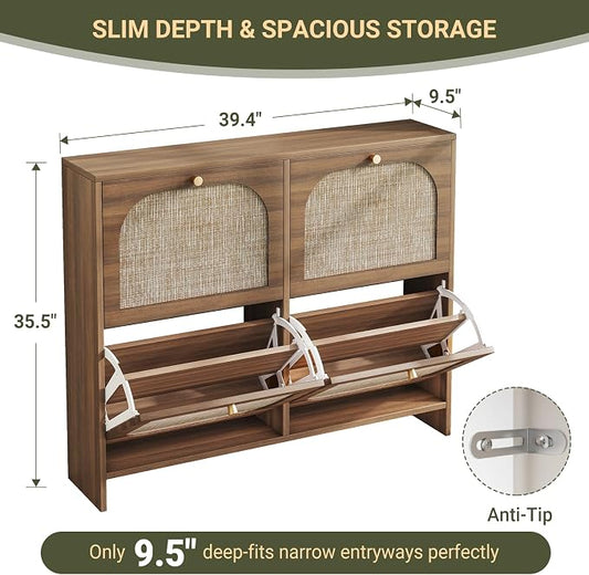 Nicetree Freestanding Ultra Slim Fluted Accent Shoe Storage Cabinet for Entryway - 4 Flip Drawers & 3-Tier Adjustable Shelves, Farmhouse Modern Rustic Shoe Rack for Hallway, Foyer, Living Room