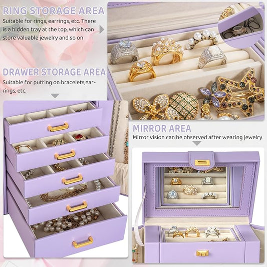 AKOZLIN 6-Tier Jewelry Box Organizer Functional 5 Drawers Leather Jewelry Storage Case for Women Girls Ring Necklace Earring Bracelet Holder Organizer with Mirror Purple Regular
