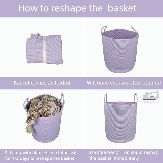 XUANGUO Cotton Rope Laundry Basket Hamper for Clothes Woven Storage Basket for Living Room Bedroom Boho Tall Rope Baskets for Blanket Toys Pillow Towels Baby Nursery Hamper Bin Large purple