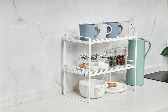 Shantton 2Pack Kitchen Cabinet Shelf Counter Organizer Rack Pantry Storage Bathroom Bedroom Office Table Desk Space Saving Stackable Rust Resistant Non Slip White Wide L16.1in W10.6in H7.3in