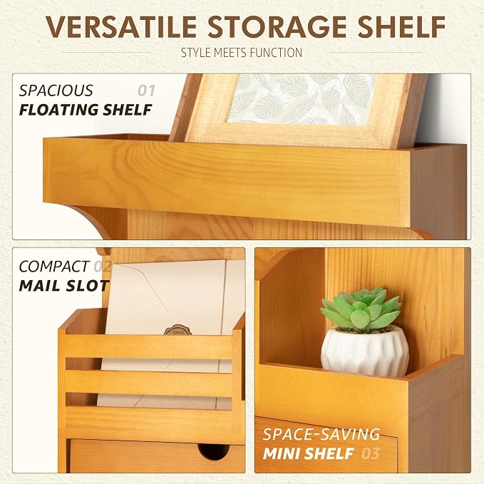 Modern Farmhouse Key Holder Wall Mount with Drawer Organizer – Pine Wooden Mail and Key Organizer with 6 Durable Hooks & Floating Wall Shelf – Ideal for Brightening Up Your Home Decor (Light Brown)