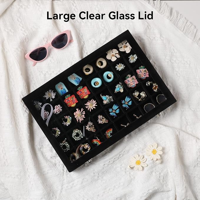 Frebeauty 40 Grid Jewelry Tray,Adjustable Earring Holder Organizer with Glass Lid,Velvet Drawer Jewelry Organizer for Rings,Studs,13.8 x 9.5 x 2 Inches Jewelry Display Box,Gift for Women(Black)