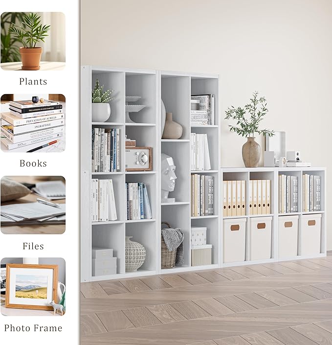 Cube Storage Organizer Bookcase, Decorative 11 inch Open Back Cubical Shelf with Thickened Border, Display Bookshelf for Living Room, Home Office, Sturdy Room (White, 4 Cube)