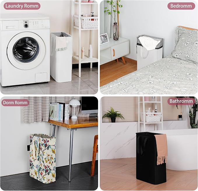 efluky Slim Laundry Basket, Narrow Laundry Hamper with Handles, Collapsible Dirty Clothes Hamper, Tall Laundry Bin for Laundry Room, Dorm and Bedroom, 48L (12.7 Gallon) Floral