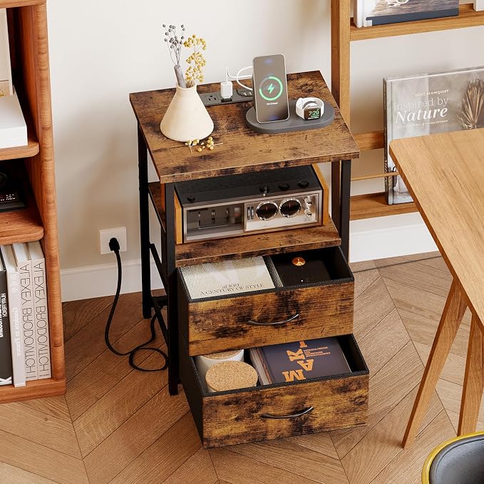 Fixwal Night Stand with Charger Station, Nightstand with Charging Station & Fabric Drawers,Rustic Brown
