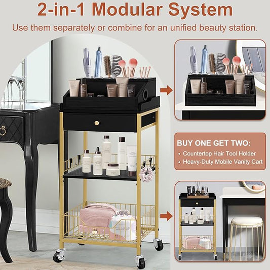 Large Makeup Organizer Cart with Hair Tool Holder, Rolling Makeup Cart with Drawer, 2-in-1 Vanity Organizer Cosmetic Display Cases for Skin Care Perfume Nail Polish Brush Tools, Gold & Black