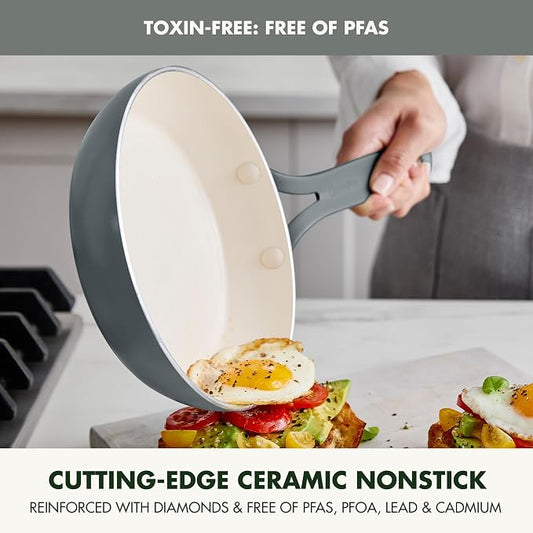 GreenPan Nova 10-Piece Nonstick Cookware Set, PFAS-Free Ceramic Pots & Pans with Silicone Cooking Utensils, Durable Fast Heating, Induction Ready, Oven Safe to 600°F, Dishwasher Safe, Slate Gray