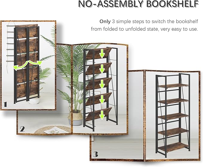 4NM No Assembly Folding Bookshelf, 5-Shelf 62.2" H Collapsible Foldable Bookcase Storage for Small Spaces, Rustic Brown and Black | 4NM, No-Assembly, Folding, Bookshelf, Storage Shelves, 5 Tiers