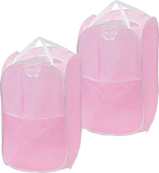 Simple Houseware Mesh Pop-Up Laundry Hamper Basket With Side Pocket, Pink - 2 Pack