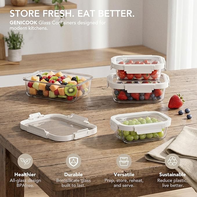 GENICOOOK Glass Fruit Storage Containers for Fridge with Glass Lids, 4 Pack Borosilicate Produce & Meal Prep Containers, Airtight BPA Free Fridge Organizer Containers