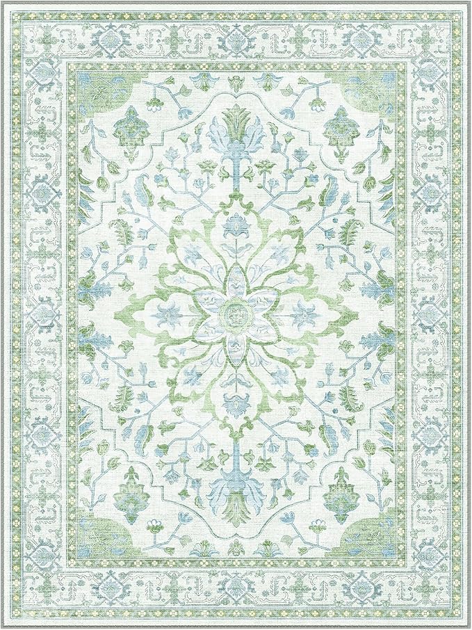 RELEANY Area Rugs Square 10ft Washable Non-Slip, Floral Vintage Distress Medallion Carpet for Living Room Bedroom Dining Room, Green White Blue