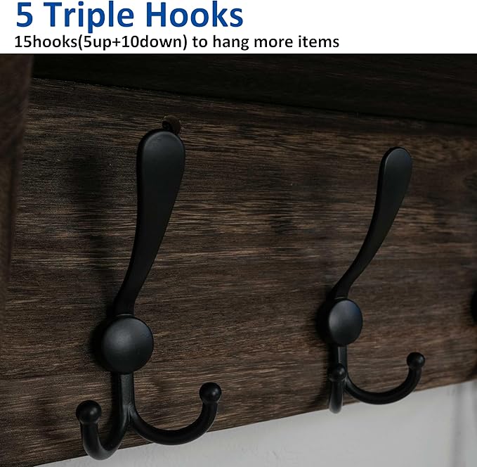 WEBI Coat Rack Wall Mount with Shelf,24" Long Wall Shelf with Hooks Underneath,5 Triple Hooks for Entryway,Hallway,Bedroom,Weathered Brown