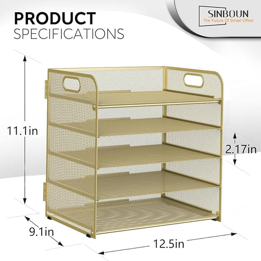 Sinboun Letter Tray Paper Organizer 5-Tier Desk Organizer File Organizer Paper Holder with Handle, Metal Desktop Document Shelf Tray Office Classroom Organization - Gold