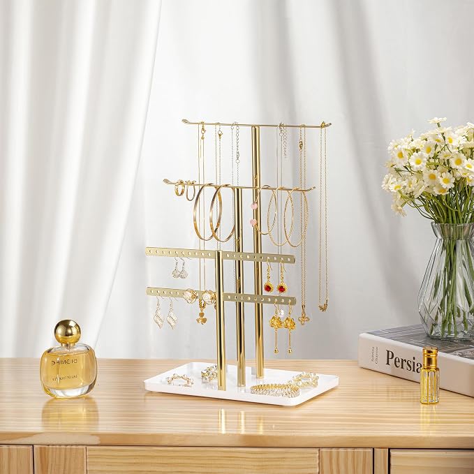 pickpiff Jewelry Stand Holder Organizer: 12.5" Sturdy Hanger for 80 Pcs Jewelry, Jewlery Tower for Display Necklace, Earring, Bracelet, Watch, Mirrored Gold